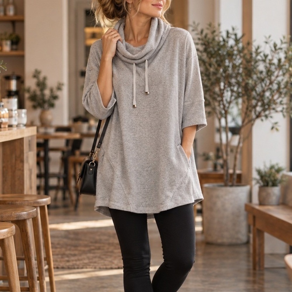 Cupio Heather Gray Cowl Neck Tunic Dress Short Sleeve Pockets Large cozy